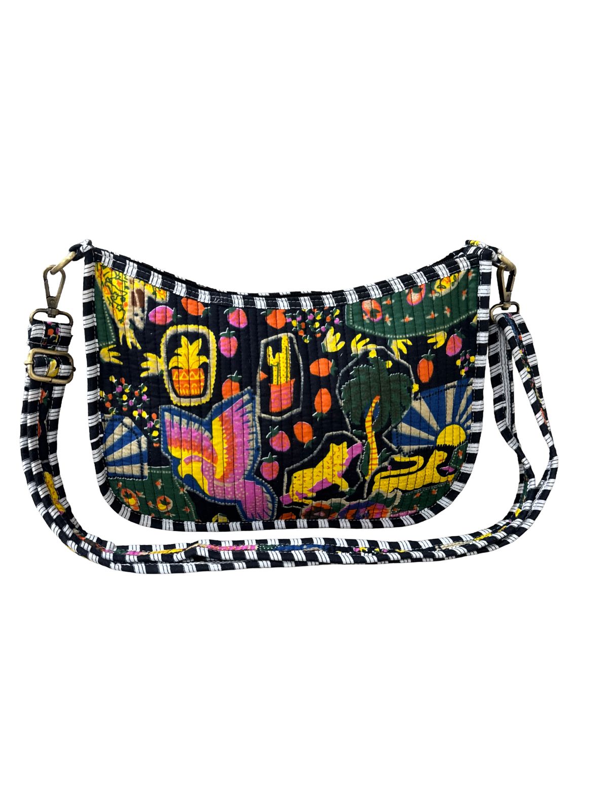 Quilted cotton sling bag with bold tropical fruit and butterfly print in neon yellow, pink and orange on black background with black and white striped trim