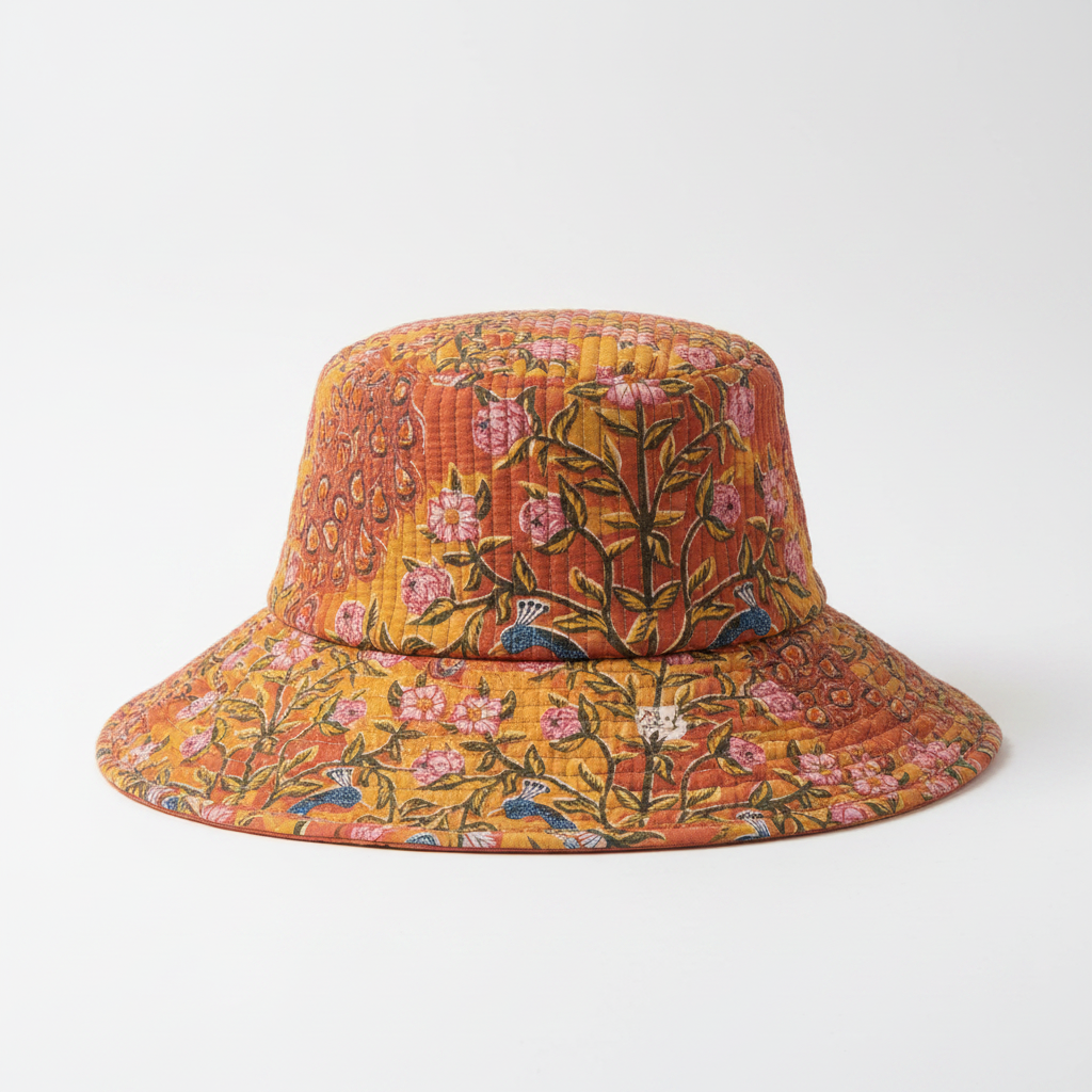 Blue patchwork print quilted cotton sun hat with mixed palm leaf swirl and stripe prints